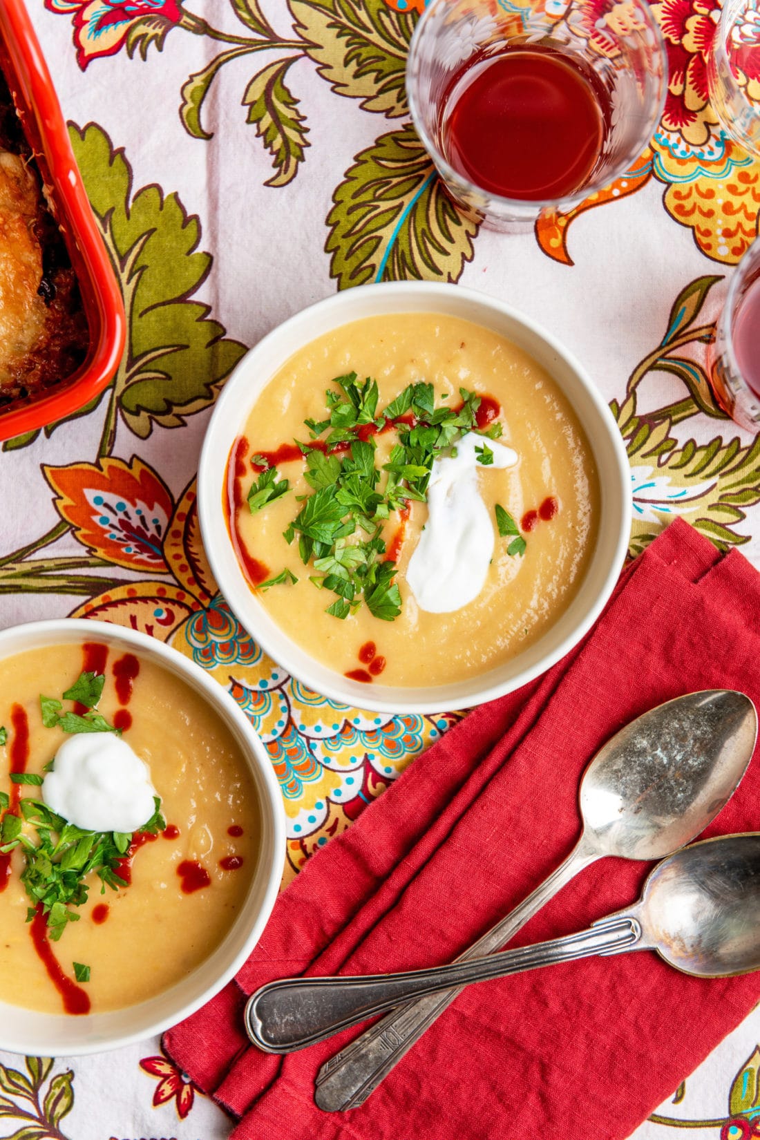 Two bowls of Creamy Rutabaga, Parsnip and Cheddar Soup.