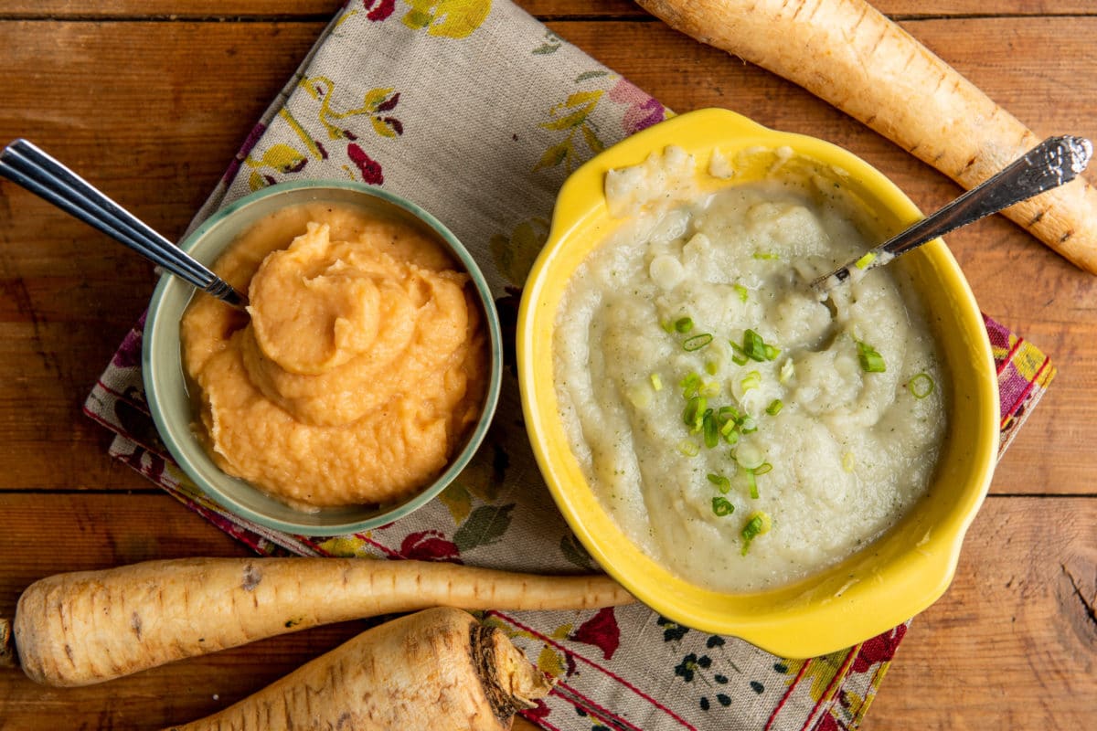 Harissa-Spiked Parsnip Puree and Rutabaga and Parsnip Puree