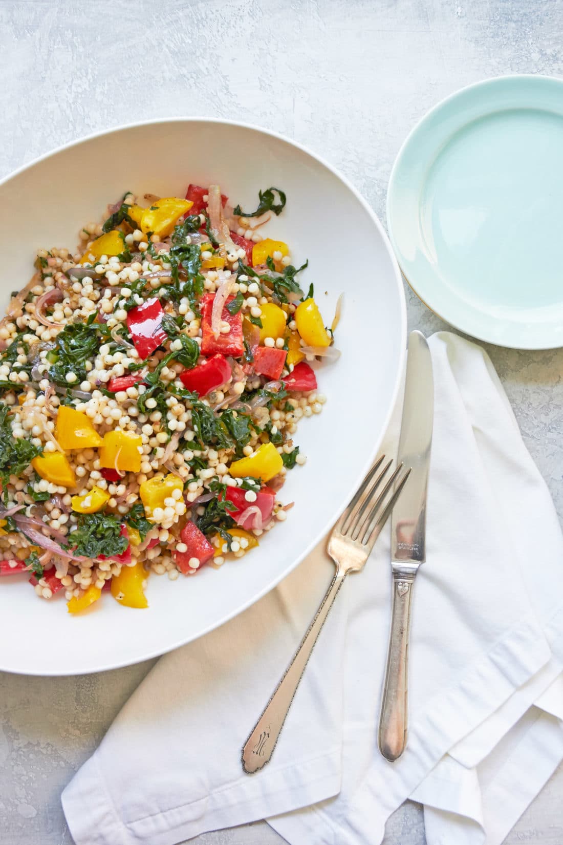 Mediterranean Couscous, Swiss Chard and Peppers / Mia / Katie Workman / themom100.com