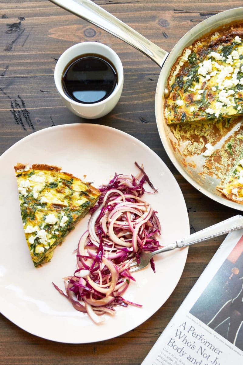 Swiss Chard Frittata in a pan and on a plate.