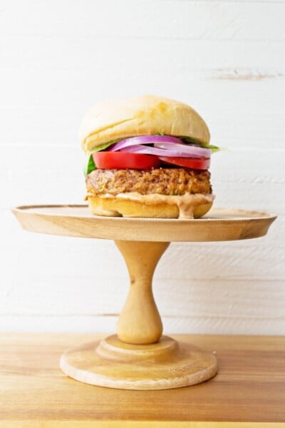 Chipotle Barbecue Turkey Burger on an elevated serving display.