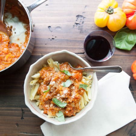 Pasta with Fresh Heirloom Tomato Sauce / Photo by Kerri Brewer / Katie Workman / themom100.com