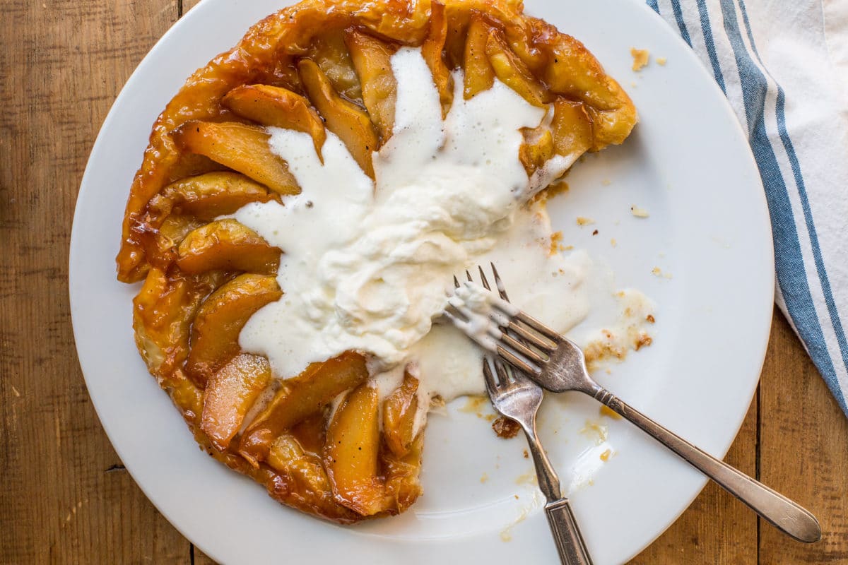 Pear Tart Tatin missing a few slices.