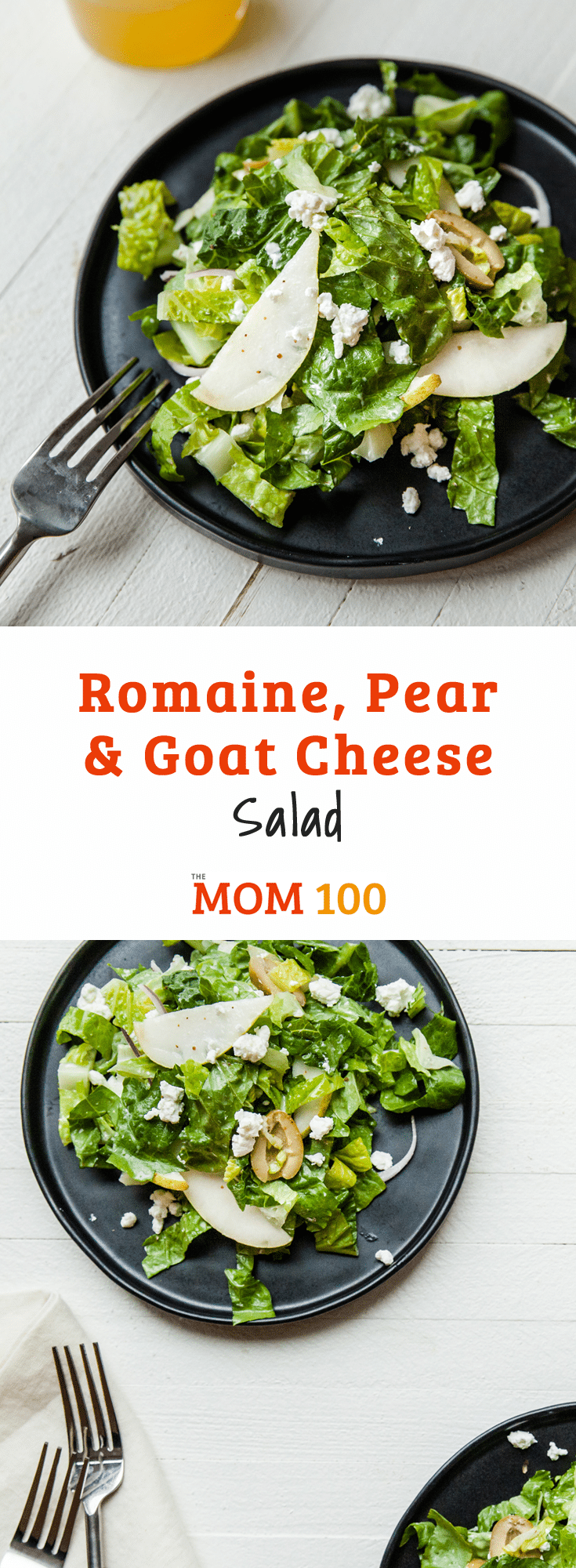 Serve this Romaine, Pear and Goat Cheese Salad with any fall meal. You can also add a handful of dried cranberries for color and a burst of sweet tartness.