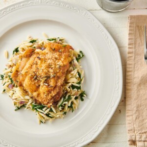 Orzo and Lemon Rosemary Chicken on a plate.