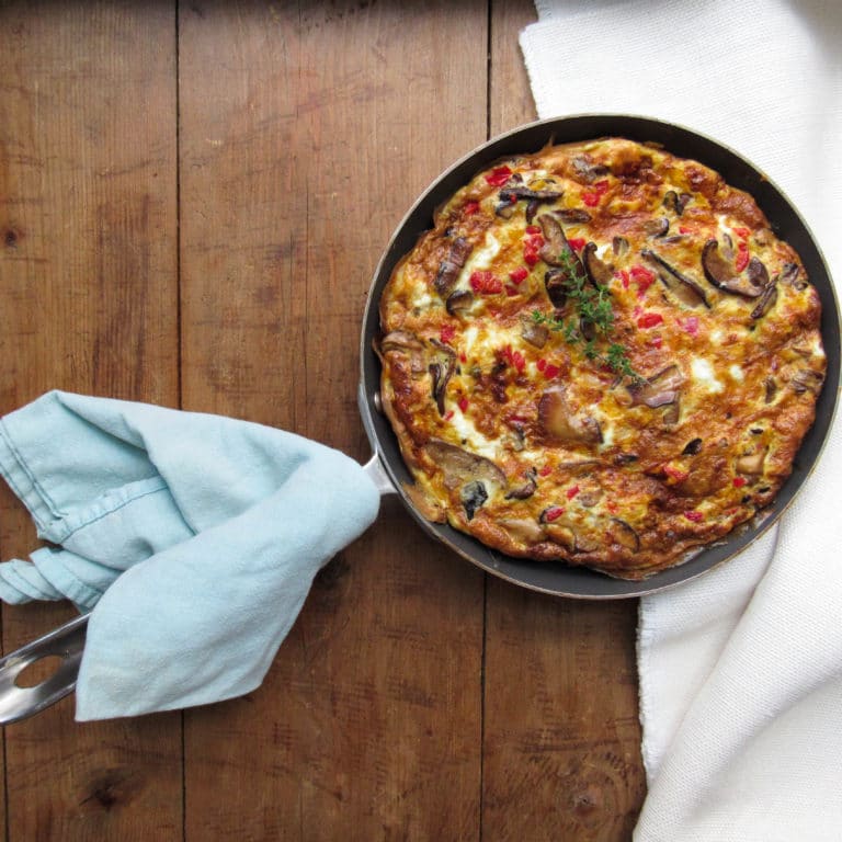 Pepper, Onion, Mushroom and Feta Frittata / Lucy Beni / Katie Workman / themom100.com