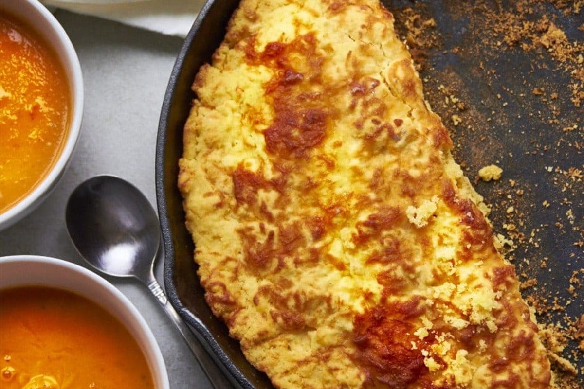 Cheddar cornbread in cast iron pan