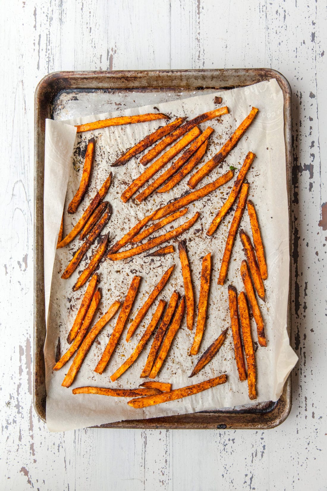 Crispy Baked Sweet Potato Fries on a sheet pan