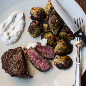 Filet Mignon with Roasted Brussels Sprouts and Lemon-Herb Mayo / Sarah Crowder / Katie Workman / themom100.com