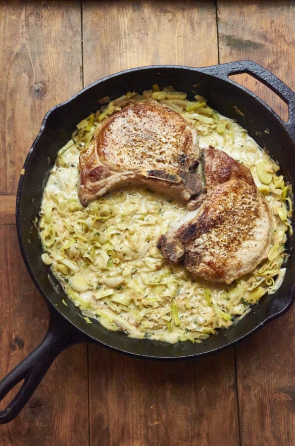 Pan Seared Pork Chops with Madeira and Leek Cream Sauce / Mia / Katie Workman / themom100.com