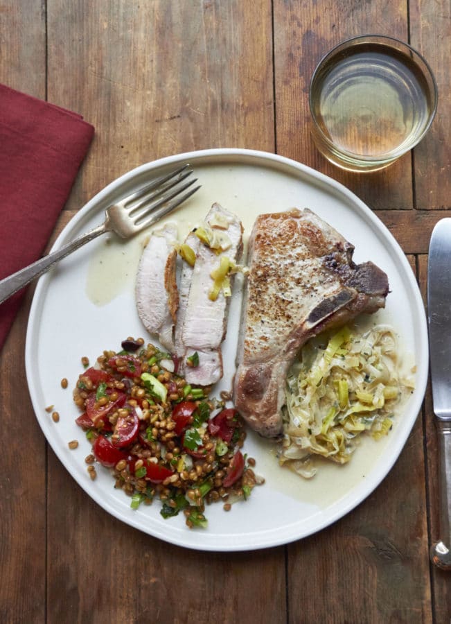 Pan Seared Pork Chops with Madeira and Leek Cream Sauce / Mia / Katie Workman / themom100.com