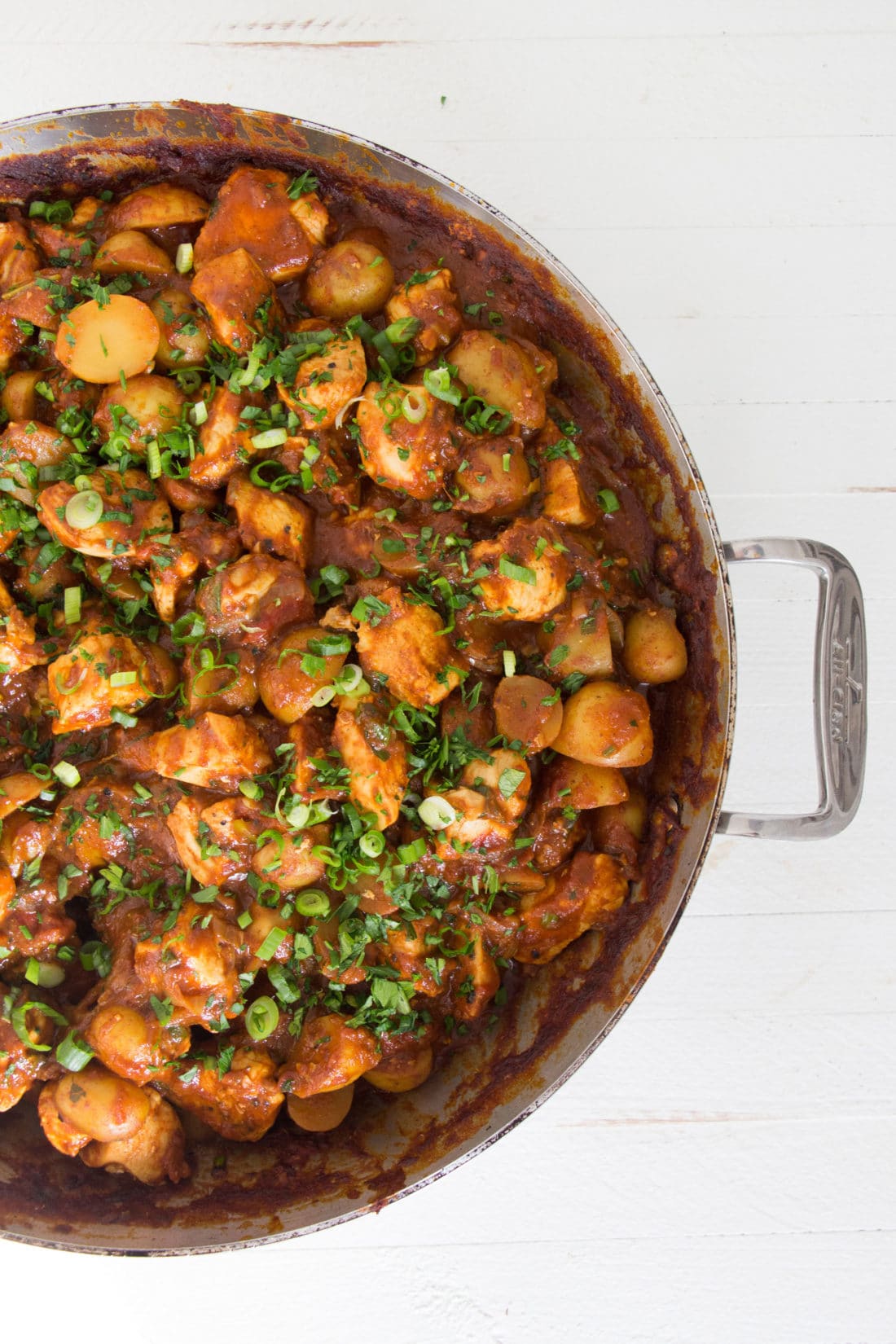 Large, handled pan of Indian Spiced Chicken and Potato Stew.