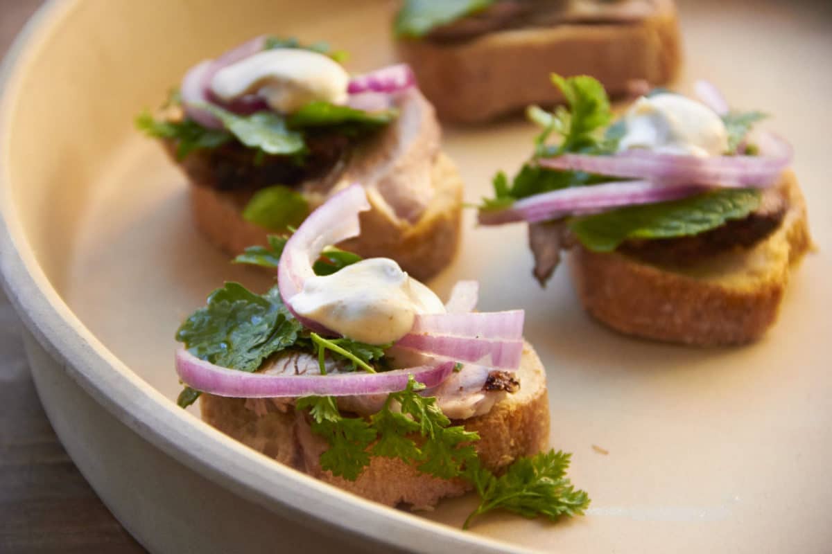 Lamb Crostini with Spiced Creme Fraiche and Herbs / Sarah Crowder / Katie Workman / themom100.com