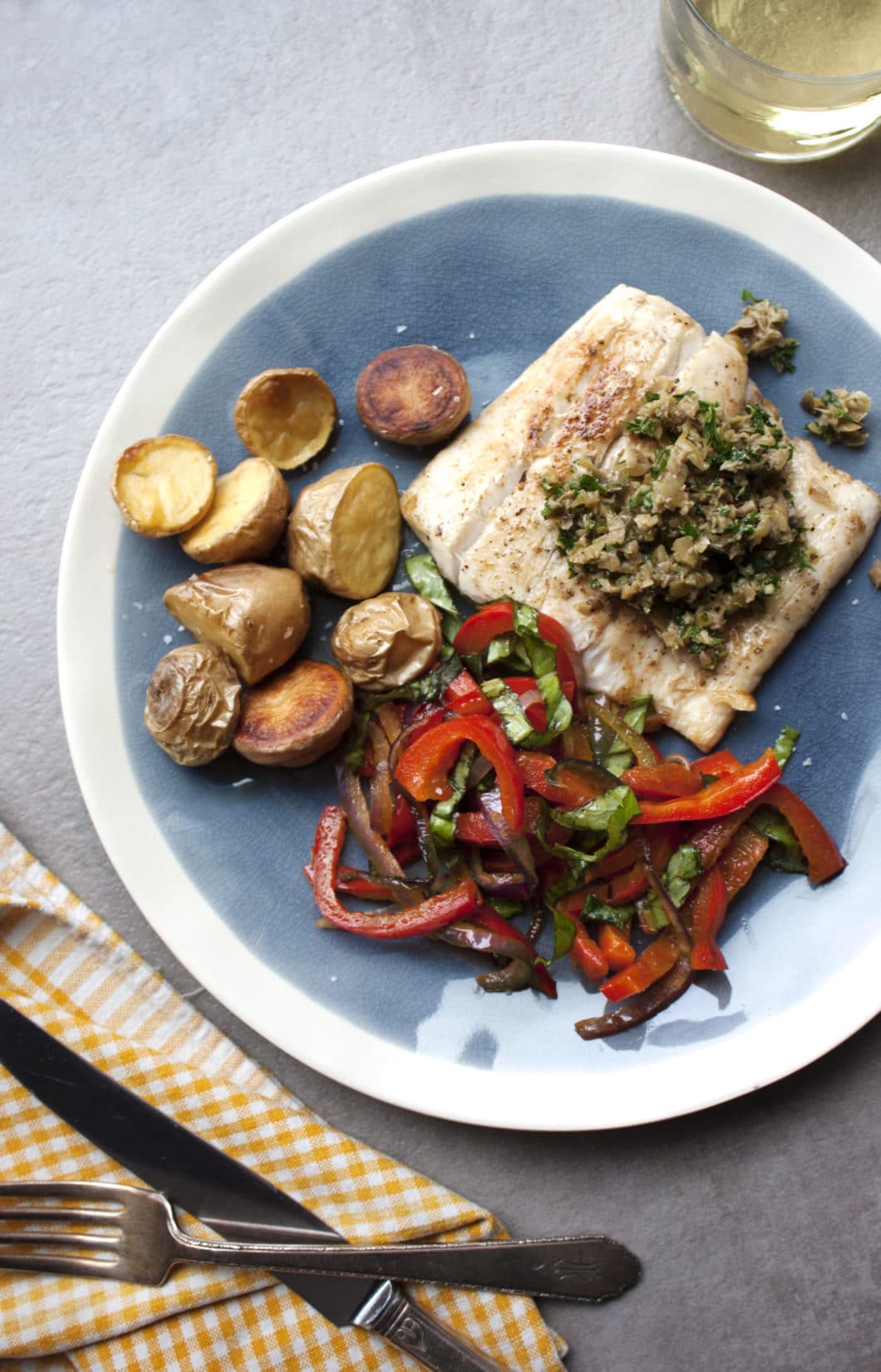 Pan Seared Fish with Peppers and Caper-Olive Pesto / Laura Agra / Katie Workman / themom100.com