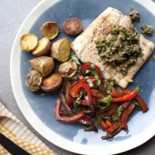 Pan Seared Fish with Peppers and Caper-Olive Pesto / Laura Agra / Katie Workman / themom100.com
