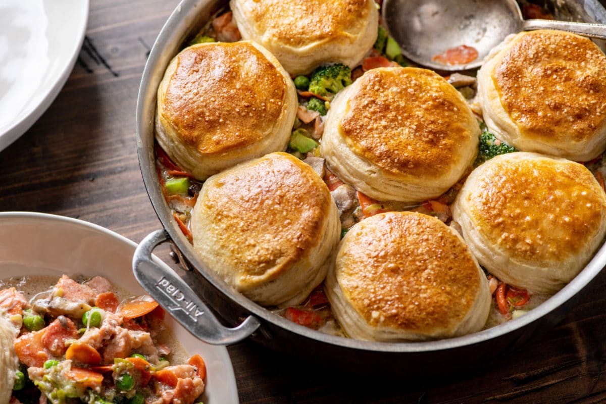 Salmon and Vegetable Biscuit Pot Pie Casserole