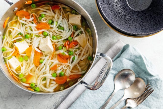 Vegetable Udon Noodle Soup in a pot.