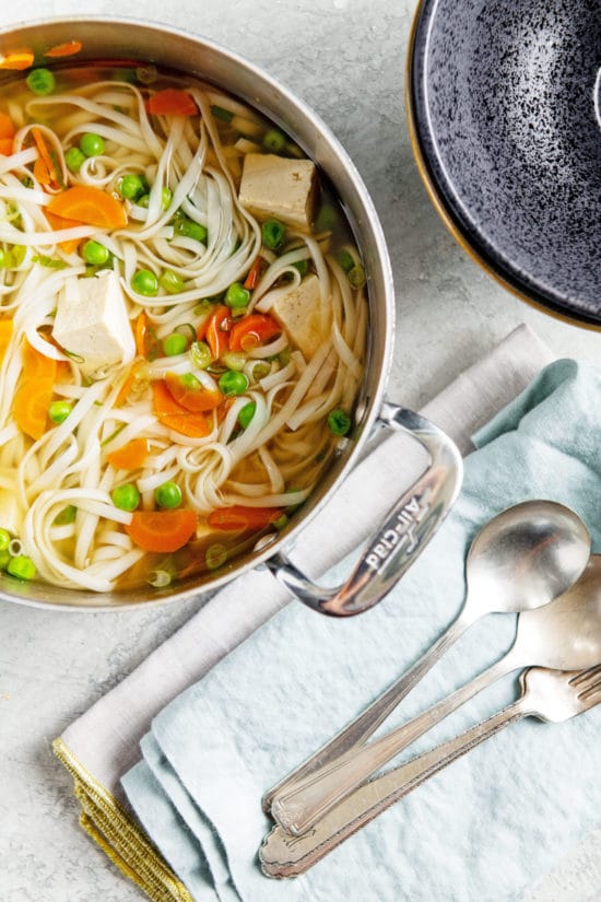 Pot of Vegetable Udon Noodle Soup.