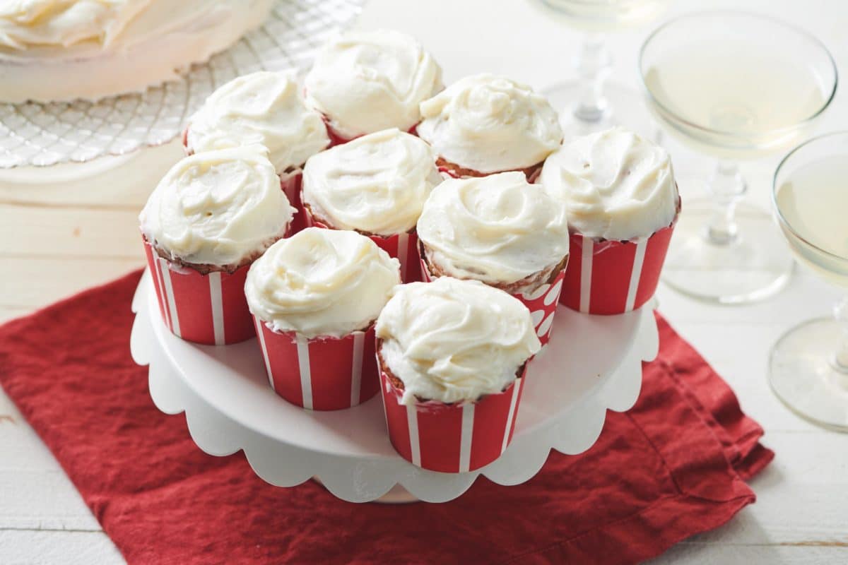 Banana Cupcakes with Cream Cheese Frosting in red and white liners.
