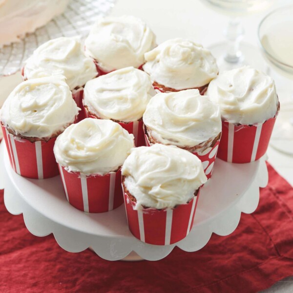Banana Cupcakes with Cream Cheese Frosting in red and white liners.