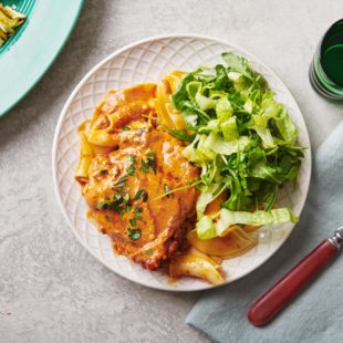 Chicken Paprikash on a plate with salad.