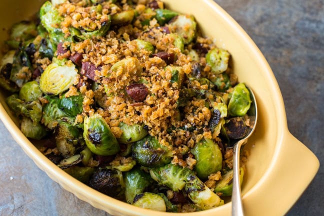 Pan Roasted Brussels Sprouts with Chorizo and Toasted Bread Crumbs