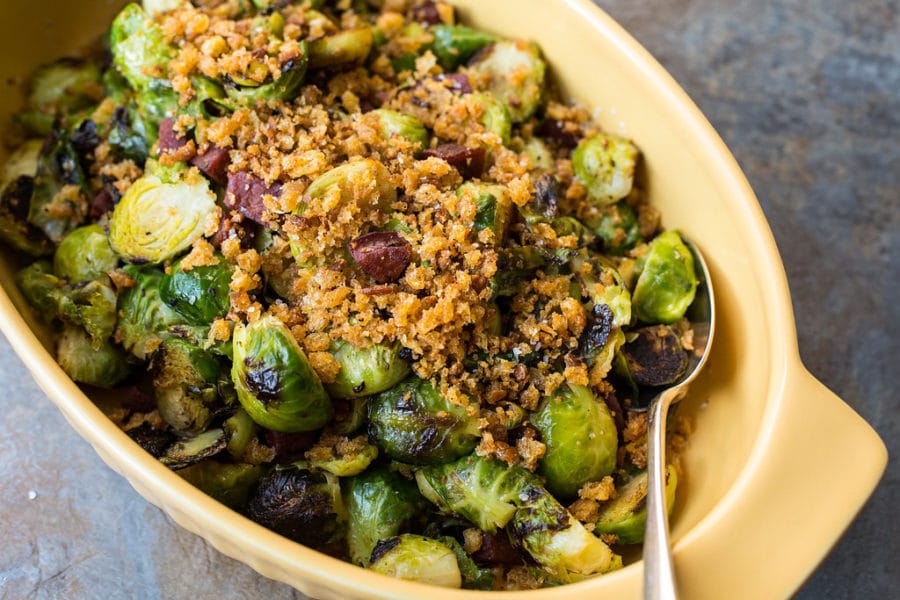 Pan Roasted Brussels Sprouts with Chorizo and Toasted Bread Crumbs/ Sarah Crowder / Katie Workman / themom100.com