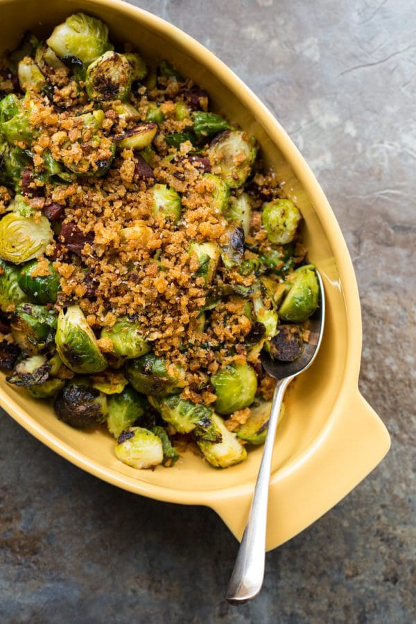 Pan Roasted Brussels Sprouts with Chorizo and Toasted Bread Crumbs