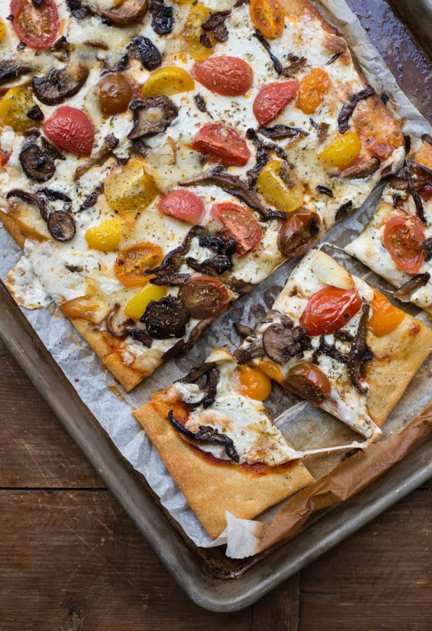 Mushroom, Mozzarella, and Cherry Tomato Pizza / Sarah Crowder / Katie Workman / themom100.com