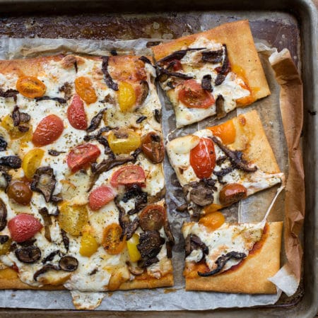 Mushroom, Mozzarella, and Cherry Tomato Pizza / Sarah Crowder / Katie Workman / themom100.com