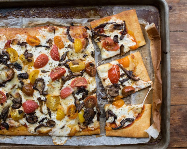 Mushroom, Mozzarella, and Cherry Tomato Pizza / Sarah Crowder / Katie Workman / themom100.com