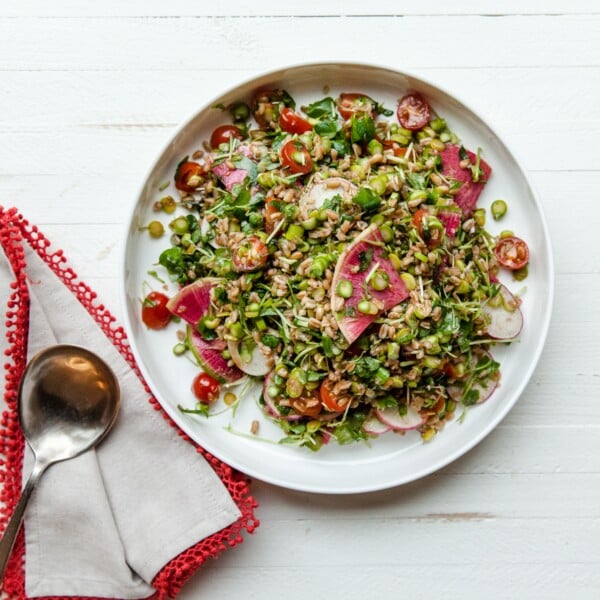 Farro and Vegetable Salad on white plate.