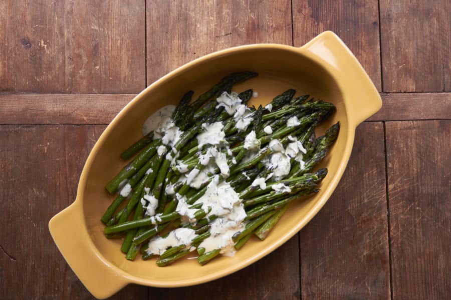 Roasted Asparagus with Creamy Mustard-Oregano Sauce / Mia / Katie Workman / themom100.com