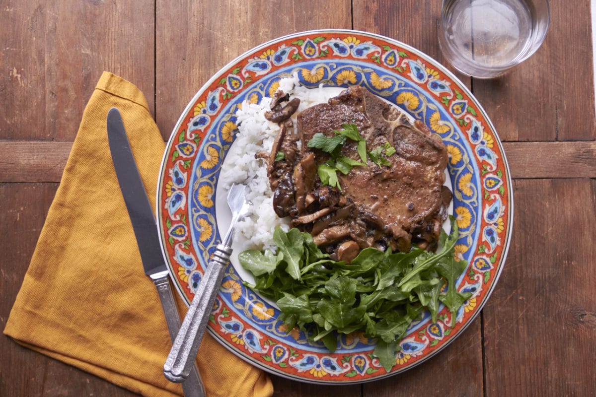 Pan Seared Pork Chops with Marsala and Mushroom Cream Sauce / Mia / Katie Workman / themom100.com