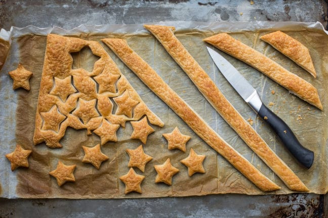 Cooked puff pastry cut into stars and stripes.