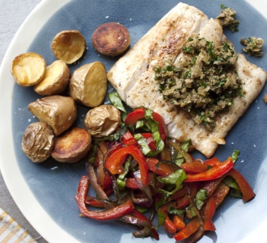 Pan Seared Fish with Peppers and Caper-Olive Pesto / Katie Workman / themom100.com