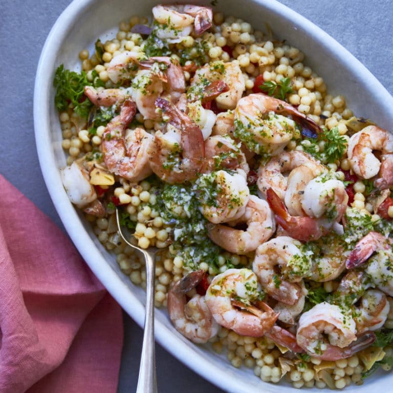 Couscous Salad with Shrimp, Roasted Tomatoes and Pesto Dressing / Mia / Katie Workman / themom100.com