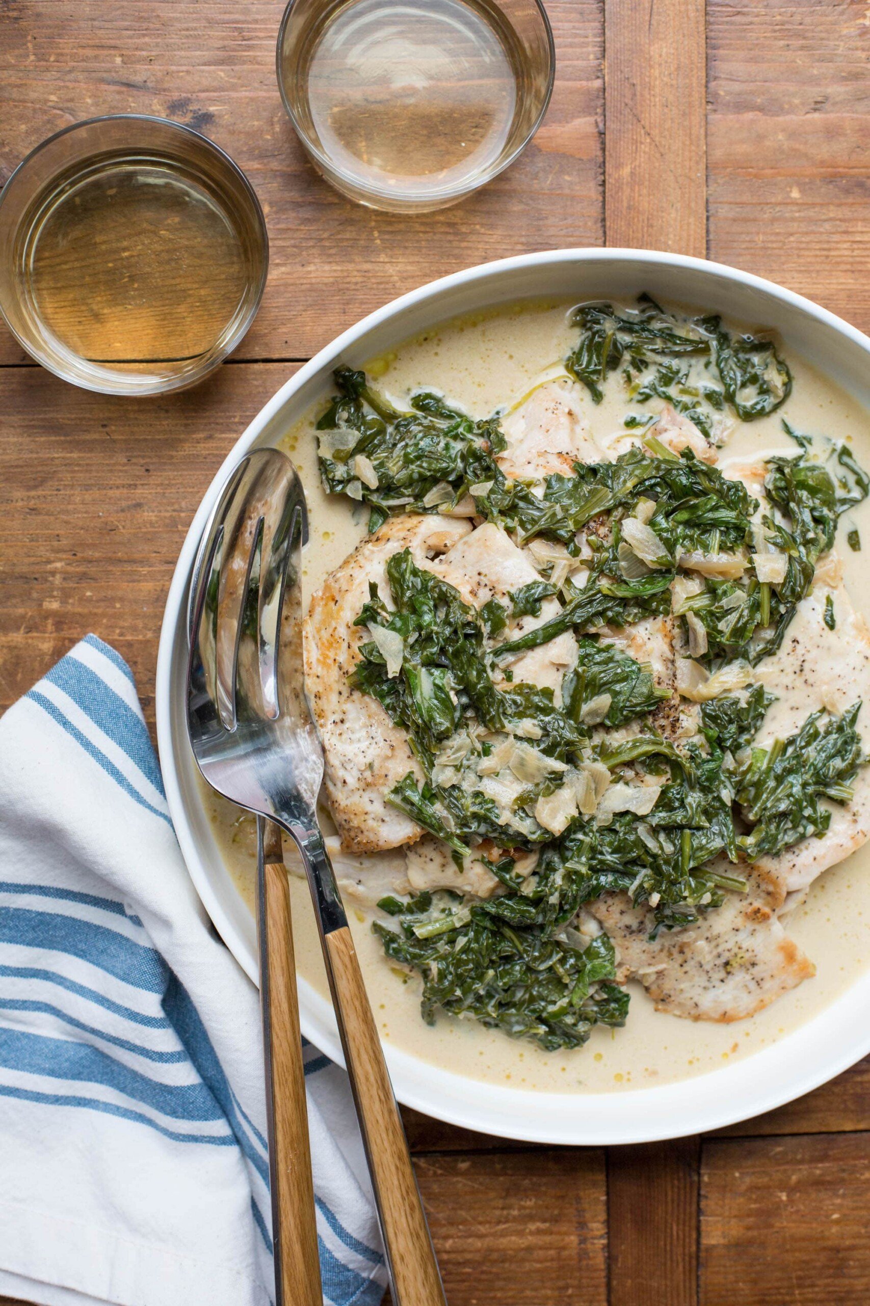 Dish of Chicken with Arugula and Mustard Pan Sauce.