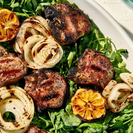 Grilled Lamb Chops and Onions with Herb Salad