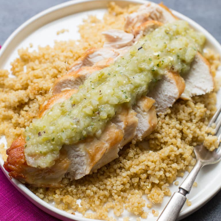 Pan Seared Chicken Breasts with Roasted Tomatillo Salsa / Sarah Crowder / Katie Workman / themom100.com