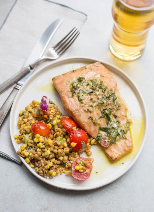 Plate of Salmon with Tarragon Vinaigrette and grain salad.