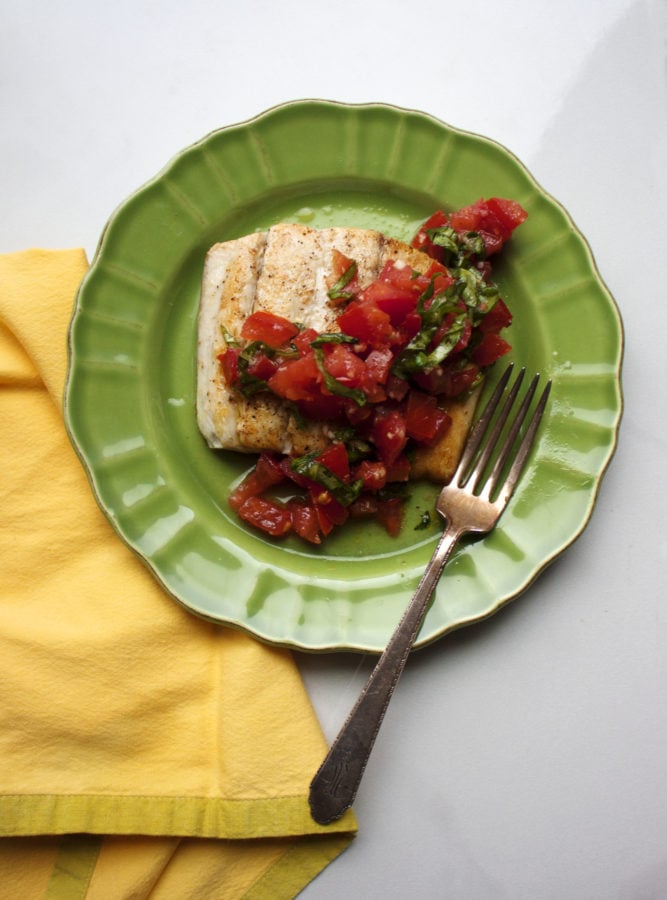 Pan Seared Fish with Tomato Basil Relish / Laura Agra / Katie Workman / themom100.com