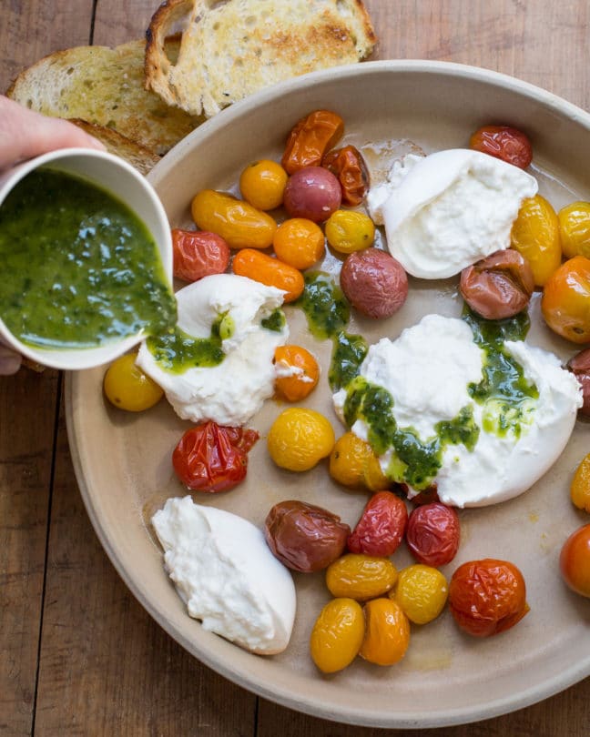 Roasted Cherry Tomatoes with Burrata and Basil Oil / Sarah Crowder / Katie Workman / themom100.com