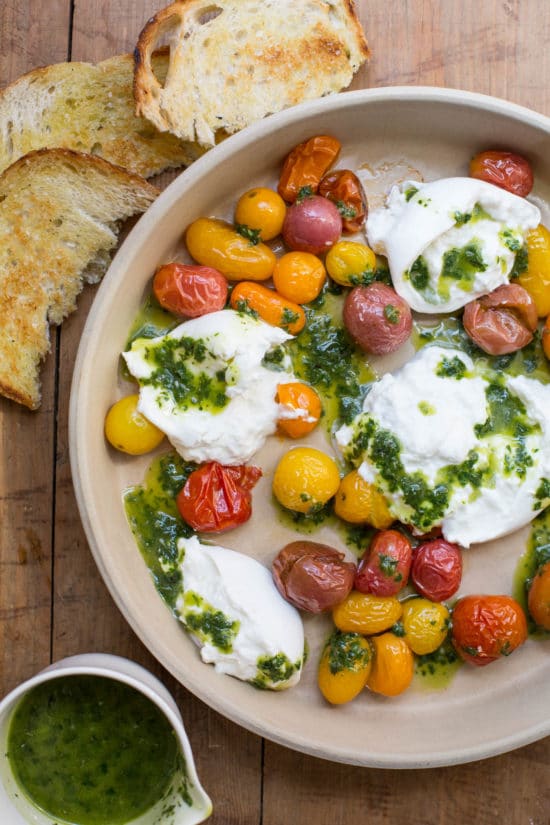 Roasted Cherry Tomatoes with Burrata and Basil Oil