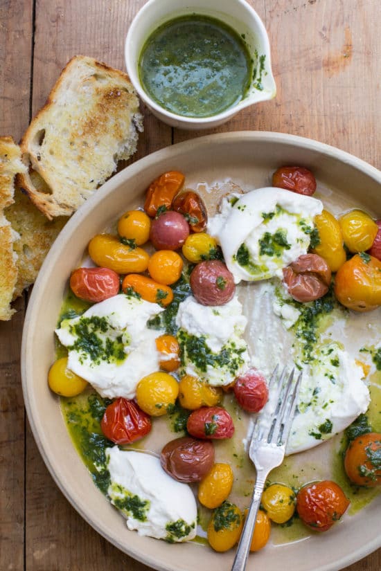 Roasted Cherry Tomatoes with Burrata and Basil Oil / Sarah Crowder / Katie Workman / themom100.com