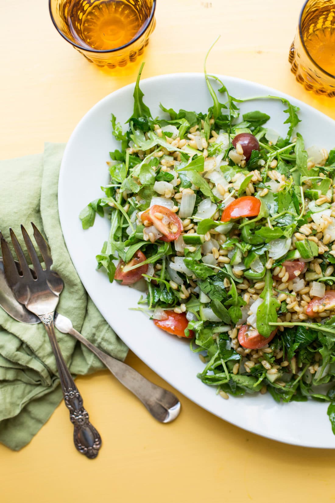 White, oblong dish of Kamut Tabbouleh Salad.