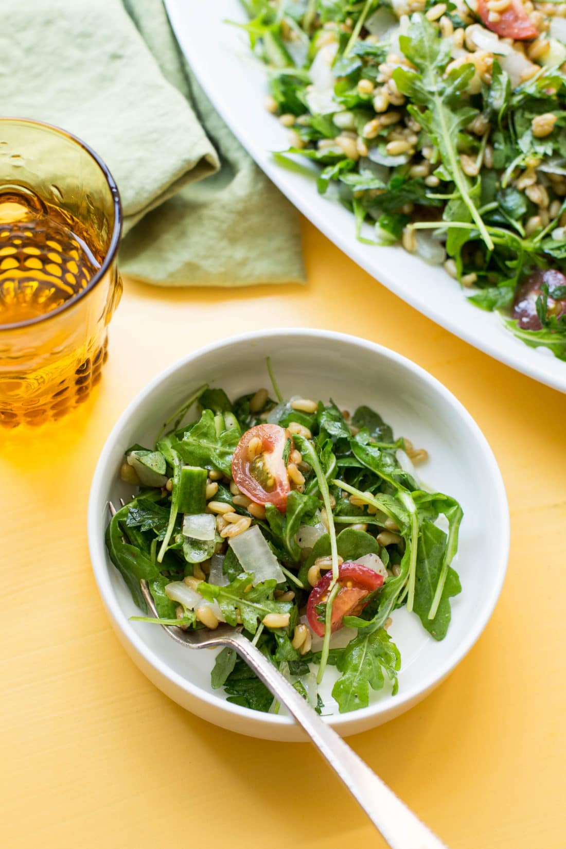 White bowl of Kamut Tabbouleh Salad.