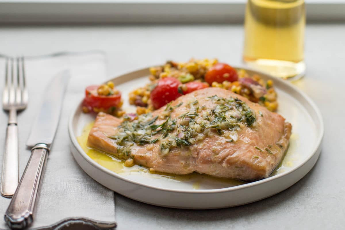 Tarragon vinaigrette atop a Salmon filet.