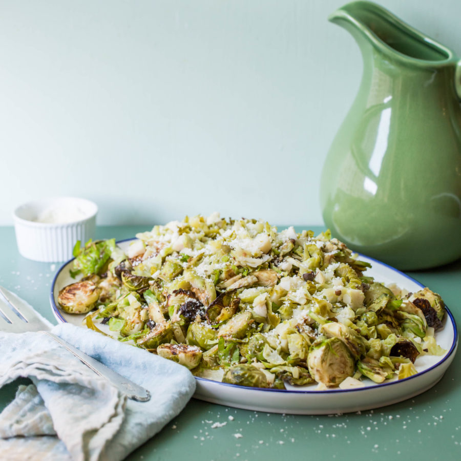 Plate piled with Brussels Sprouts Three Ways.