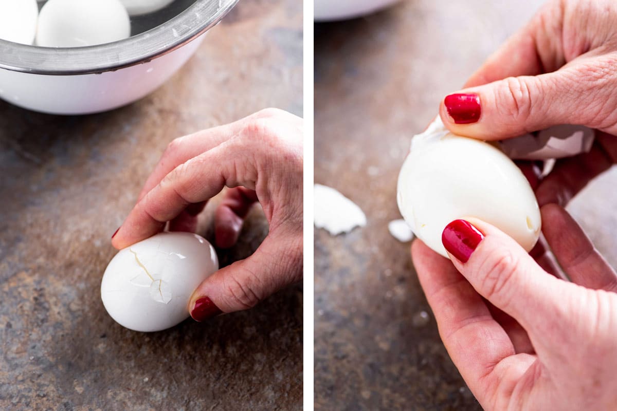 Woman peeling shell of hard boiled egg.